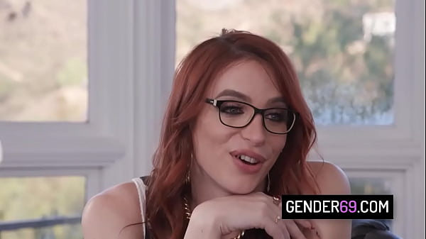 Stunning redhead tranny boss Janie Blade sucks cock and gets her ass barebacked