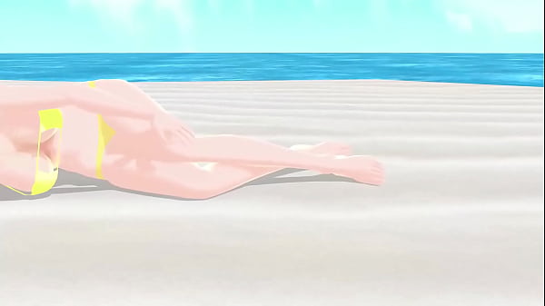„Emma“ Blondes Anime-Mädchen probierte am Strand Mikrobikinis an.